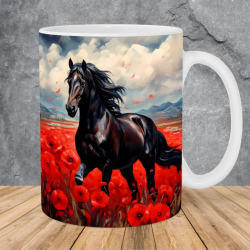 Svart häst på blomsterfält